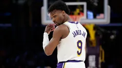 Bronny James #9 of the Los Angeles Lakers walks on the court against the Minnesota Timberwolves during the fourth quarter in Game One of the Western Conference First Round NBA Playoffs at Crypto.com Arena on April 19, 2025 in Los Angeles, California.