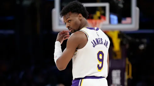 Bronny James #9 of the Los Angeles Lakers walks on the court against the Minnesota Timberwolves during the fourth quarter in Game One of the Western Conference First Round NBA Playoffs at Crypto.com Arena on April 19, 2025 in Los Angeles, California.