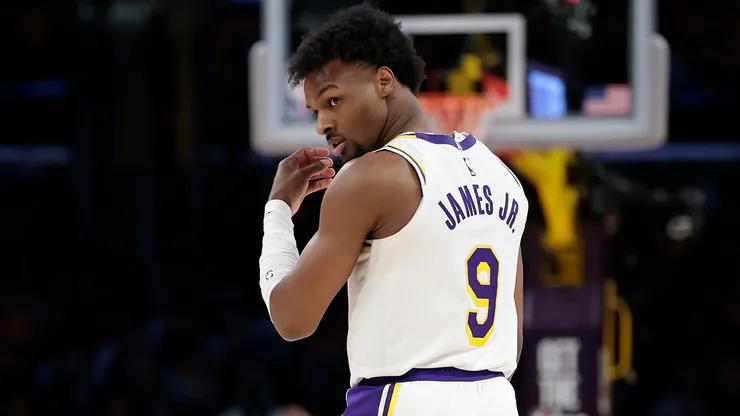 Bronny James #9 of the Los Angeles Lakers walks on the court against the Minnesota Timberwolves during the fourth quarter in Game One of the Western Conference First Round NBA Playoffs at Crypto.com Arena on April 19, 2025 in Los Angeles, California.