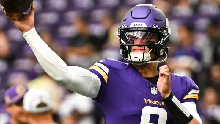 J.J. McCarthy #9 of the Minnesota Vikings warms up before the preseason game against the Las Vegas Raiders at U.S. Bank Stadium on August 10, 2024 in Minneapolis, Minnesota.