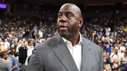 Earvin "Magic" Johnson arrives at the Lakers' preseason game against the Golden State Warriors at T-Mobile Arena on October 10, 2018 in Las Vegas, Nevada. The Lakers defeated the Warriors 123-113.