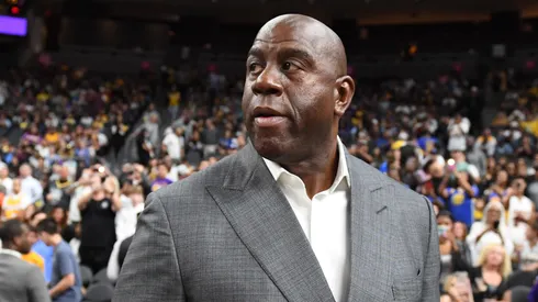 Earvin "Magic" Johnson arrives at the Lakers' preseason game against the Golden State Warriors at T-Mobile Arena on October 10, 2018 in Las Vegas, Nevada. The Lakers defeated the Warriors 123-113.