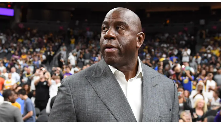 Earvin "Magic" Johnson arrives at the Lakers' preseason game against the Golden State Warriors at T-Mobile Arena on October 10, 2018 in Las Vegas, Nevada. The Lakers defeated the Warriors 123-113.