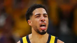 Tyrese Haliburton #0 of the Indiana Pacers celebrates during the fourth quarter against the New York Knicks in Game Six of the Eastern Conference Finals of the 2025 NBA Playoffs