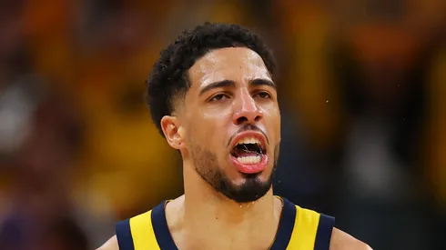 Tyrese Haliburton #0 of the Indiana Pacers celebrates during the fourth quarter against the New York Knicks in Game Six of the Eastern Conference Finals of the 2025 NBA Playoffs