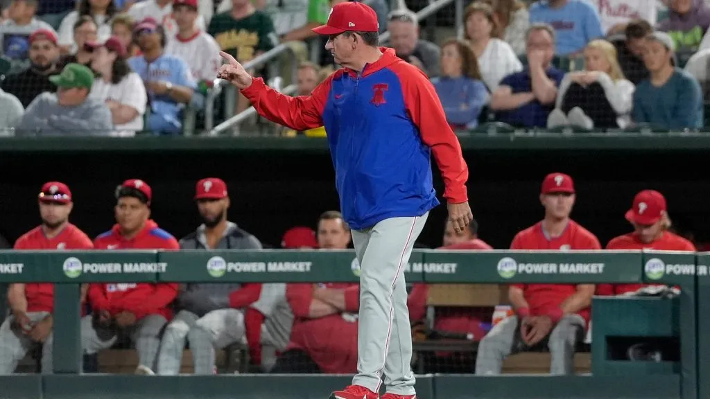 Manager Rob Thomson #59 of the Philadelphia Phillies signals the bullpen to make a pitching change on May 23, 2025 in Sacramento, California. (Photo by Thearon W. Henderson/Getty Images)