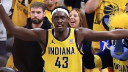 Pascal Siakam #43 of the Indiana Pacers reacts during the second quarter against the New York Knicks in Game Six of the Eastern Conference Finals of the 2025 NBA Playoffs