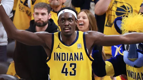 Pascal Siakam #43 of the Indiana Pacers reacts during the second quarter against the New York Knicks in Game Six of the Eastern Conference Finals of the 2025 NBA Playoffs