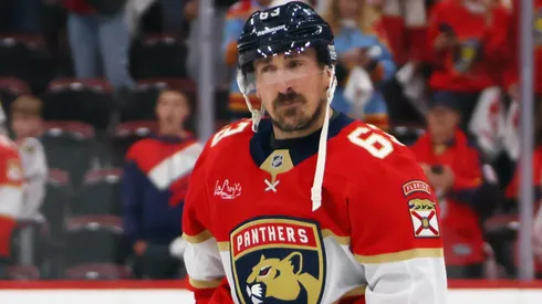 Brad Marchand #63 of the Florida Panthers leaves the ice following a win against the Carolina Hurricanes in Game Three of the Eastern Conference Final of the 2025 Stanley Cup Playoffs.