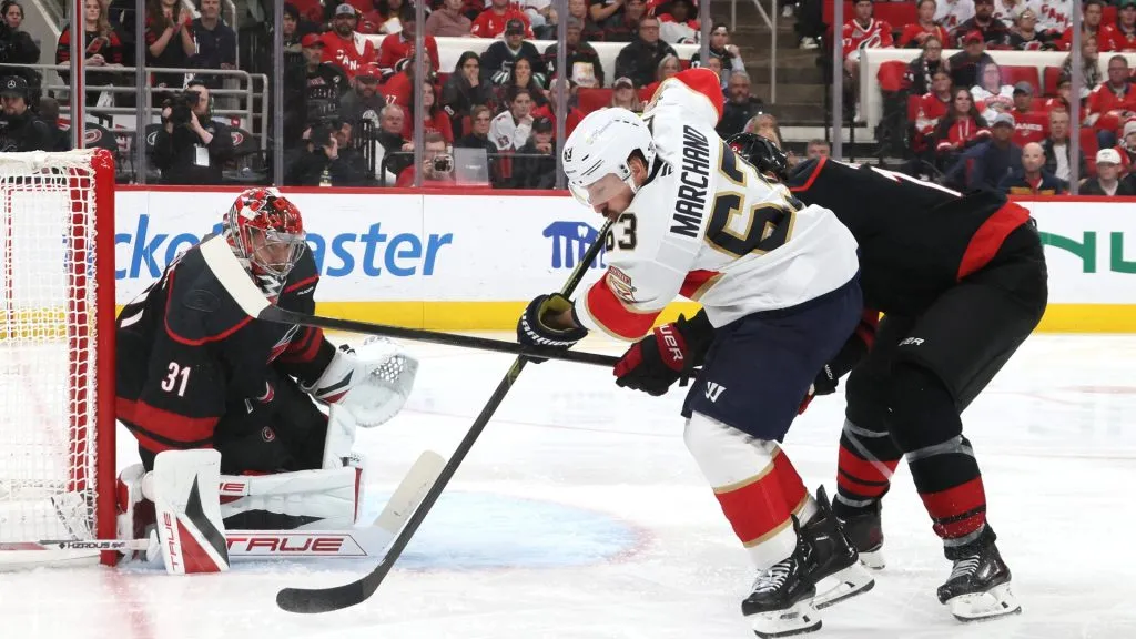 Frederik Andersen #31 of the Carolina Hurricanes defends against Brad Marchand #63 of the Florida Panthers during the third period in Game Five of the Eastern Conference Final of the 2025 Stanley Cup Playoffs at Lenovo Center on May 28, 2025 in Raleigh, North Carolina. (Photo by Bruce Bennett/Getty Images)