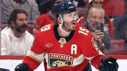 Matthew Tkachuk #19 of the Florida Panthers reacts against the Carolina Hurricanes during the second period in Game Four of the Eastern Conference Final of the 2025 Stanley Cup Playoffs.