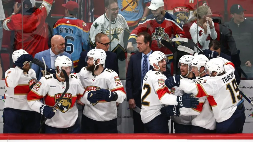 Matthew Tkachuk #19 of the Florida Panthers celebrates with teammates after a goal is scored against the Carolina Hurricanes during the third period in Game Five of the Eastern Conference Final of the 2025 Stanley Cup Playoffs. (Photo by Jared C. Tilton/Getty Images)