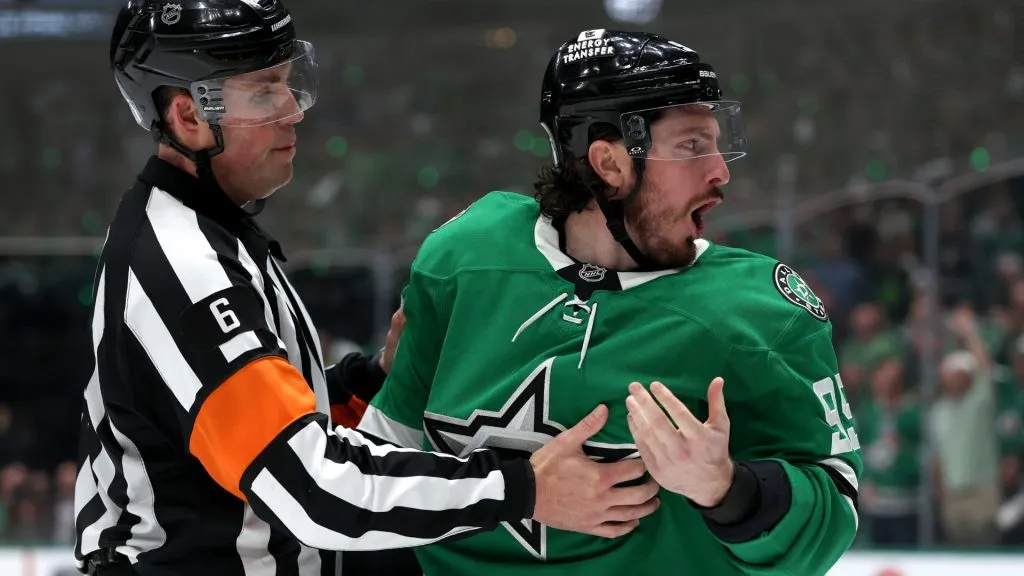 Matt Duchene #95 of the Dallas Stars reacts during the third period against the Edmonton Oilers in Game One of the Western Conference Final of the 2025 Stanley Cup Playoffs at American Airlines Center on May 21, 2025 in Dallas, Texas. (Photo by Sam Hodde/Getty Images)