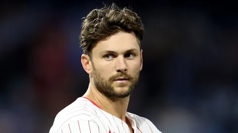 Trea Turner looks on after striking out vs the Braves on May 29, 2025 in Philadelphia.