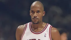 Guard Ron Harper of the Chicago Bulls stands on the court during a game against the Charlotte Hornets at the United Center in Chicago, Illinois. The Bulls won the game 89-83.