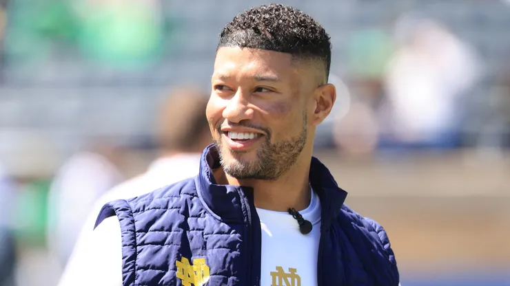 Head coach Marcus Freeman of the Notre Dame Fighting Irish looks on during the 94th Annual Notre Dame Blue-Gold Spring Game at Notre Dame Stadium on April 12, 2025 in South Bend, Indiana.