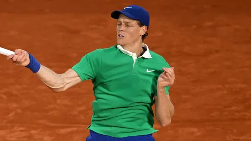 Jannik Sinner of Italy plays a forehand against Andrey Rublev during the Men's Singles Fourth Round match on Day Nine of the 2025 French Open at Roland Garros on June 02, 2025 in Paris, France.