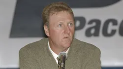 Larry Bird of the Indiana Pacers speaks to reporters during a press conference in Indianapolis, Indiana.