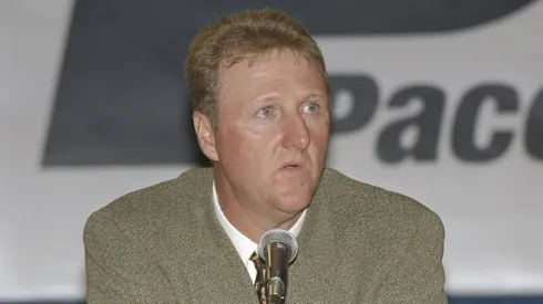 Larry Bird of the Indiana Pacers speaks to reporters during a press conference in Indianapolis, Indiana.