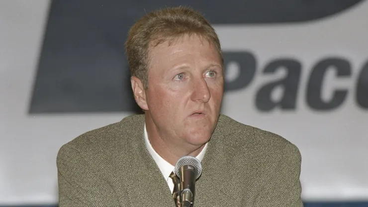 Larry Bird of the Indiana Pacers speaks to reporters during a press conference in Indianapolis, Indiana.