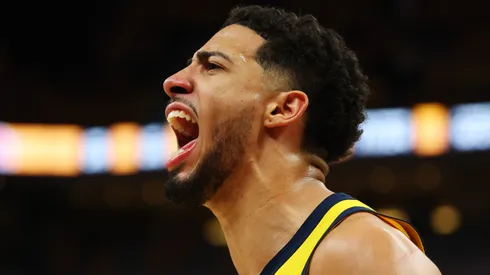 Tyrese Haliburton #0 of the Indiana Pacers celebrates during the fourth quarter against the New York Knicks in Game Six of the Eastern Conference Finals of the 2025 NBA Playoffs at Gainbridge Fieldhouse on May 31, 2025 in Indianapolis, Indiana.