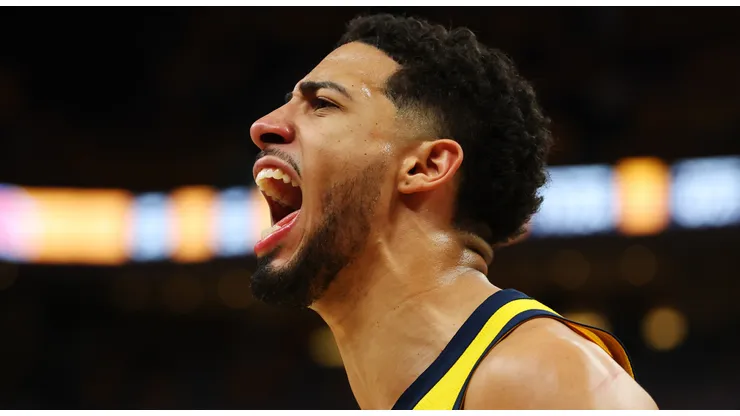 Tyrese Haliburton #0 of the Indiana Pacers celebrates during the fourth quarter against the New York Knicks in Game Six of the Eastern Conference Finals of the 2025 NBA Playoffs at Gainbridge Fieldhouse on May 31, 2025 in Indianapolis, Indiana.