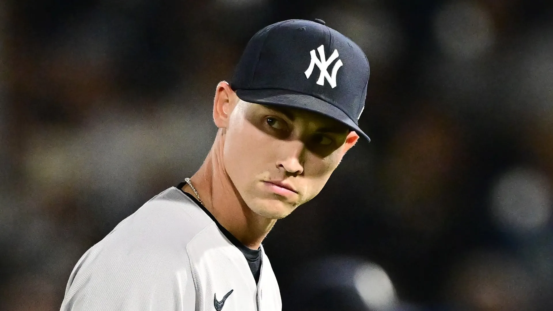 Luke Weaver #30 of the New York Yankees looks on in the ninth inning against the Tampa Bay Rays