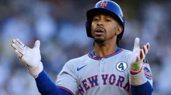 Francisco Lindor #12 of the New York Mets reacts to his solo home run, to take a 1-0 lead over the Los Angeles Dodgers, during the first inning at Dodger Stadium on June 02, 2025 in Los Angeles, California.