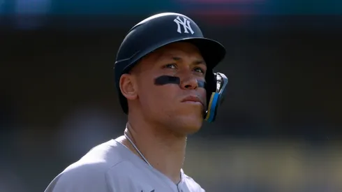Aaron Judge #99 of the New York Yankees waits on deck during an 18-2 loss to the Los Angeles Dodgers at Dodger Stadium on May 31, 2025 in Los Angeles, California.