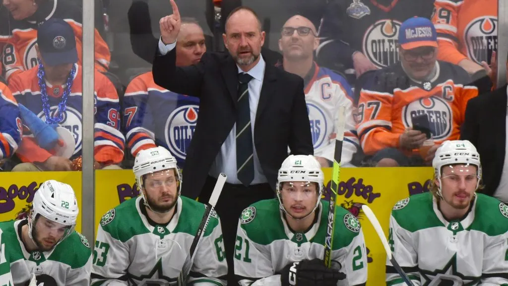 Head coach Peter DeBoer of the Dallas Stars of the Dallas Stars reacts to a call on the ice during Game Six of the Western Conference Final of the 2024 Stanley Cup Playoffs against the Edmonton Oilers at Rogers Place on June 2, 2024, in Edmonton, Alberta, Canada. (Photo by Leila Devlin/Getty Images)