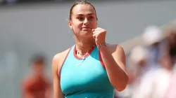 Aryna Sabalenka celebrates a point against Zheng Qinwen of People's Republic of China during the Women's Singles Quarter Final match on Day Ten of the 2025 French Open at Roland Garros on June 03, 2025 in Paris, France.