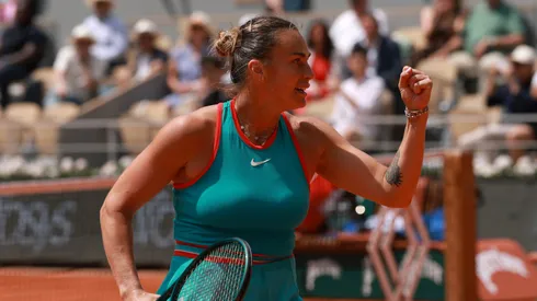 Aryna Sabalenka celebrates during the 2025 French Open