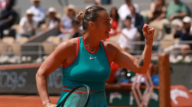 Aryna Sabalenka celebrates during the 2025 French Open
