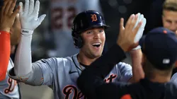 Kerry Carpenter #30 of the Detroit Tigers celebrates a home run with teammates in the dugout during the sixth inning against the Chicago White Sox at Rate Field on June 02, 2025 in Chicago, Illinois.