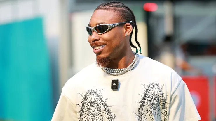 Justin Jefferson looks on in the Paddock during previews ahead of the F1 Grand Prix of Miami at Miami International Autodrome on May 01, 2025 in Miami, Florida.