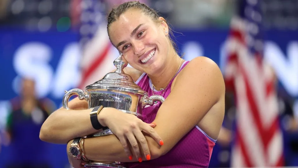 Aryna Sabalenka of Belarus celebrates with the winners trophy after defeating Jessica Pegula of the United States to win the Women’s Singles Final on Day Thirteen of the 2024 US Open. (Source: Jamie Squire/Getty Images)