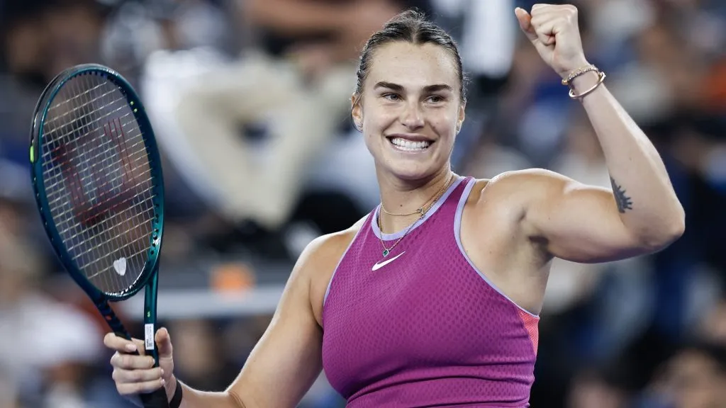 Aryna Sabalenka celebrates winning the match against Qinwen Zheng of China during the day nine of the 2024 Wuhan Open. (Source: Wang He/Getty Images)