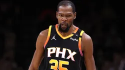 Kevin Durant #35 of the Phoenix Suns reacts after hitting a three point basket during the second half against the Cleveland Cavaliers at PHX Arena on March 21, 2025 in Phoenix, Arizona.