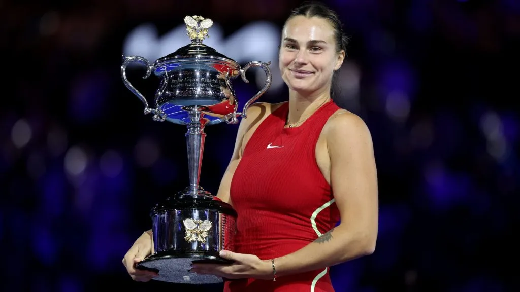 Aryna Sabalenka poses with the Daphne Akhurst Memorial Cup after the the Women’s Singles Final match against Qinwen Zheng during the 2024 Australian Open. (Source: Julian Finney/Getty Images)