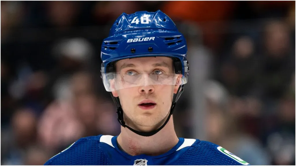 Elias Pettersson #40 of the Vancouver Canucks during NHL action against the Calgary Flames on March, 19, 2022 at Rogers Arena in Vancouver, British Columbia, Canada.