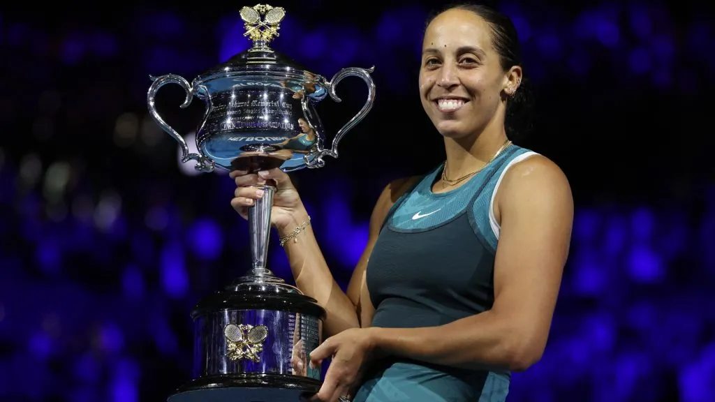 Madison Keys of the United States poses with the Daphne Akhurst Memorial Cup after the Women’s Singles Trophy Presentation at the 2025 Australian Open. (Source: Cameron Spencer/Getty Images)