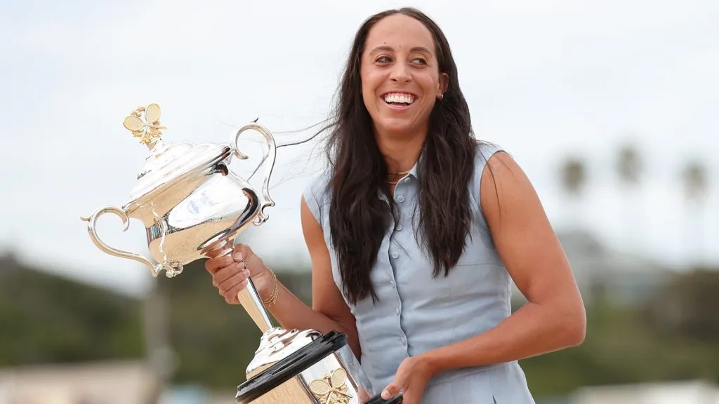 Madison Keys of the United States poses with the Daphne Akhurst Memorial Cup during the 2025 Australian Open Women’s champion media opportunity. (Source: Kelly Defina/Getty Images)