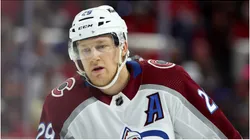 Nathan MacKinnon #29 of the Colorado Avalanche looks on during the first period of the game against the Carolina Hurricanes at PNC Arena on February 08, 2024 in Raleigh, North Carolina.