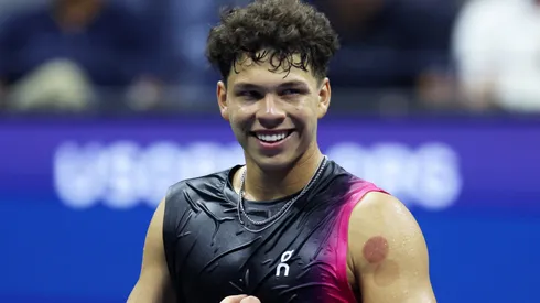 Ben Shelton of the United States celebrates a point against Frances Tiafoe of the United States during their Men's Singles Quarterfinal match on Day Nine of the 2023 US Open.