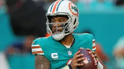 Tua Tagovailoa #1 of the Miami Dolphins drops back to pass during a game against the Dallas Cowboys at Hard Rock Stadium on December 24, 2023 in Miami Gardens, Florida. The Dolphins defeated the Cowboys 22-20.