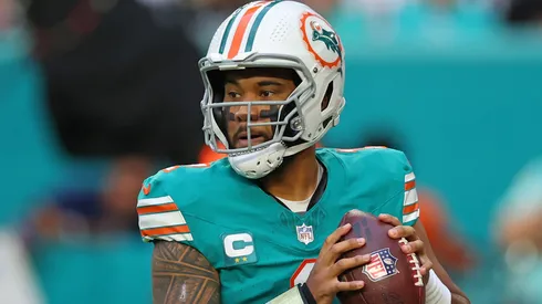Tua Tagovailoa #1 of the Miami Dolphins drops back to pass during a game against the Dallas Cowboys at Hard Rock Stadium on December 24, 2023 in Miami Gardens, Florida. The Dolphins defeated the Cowboys 22-20.