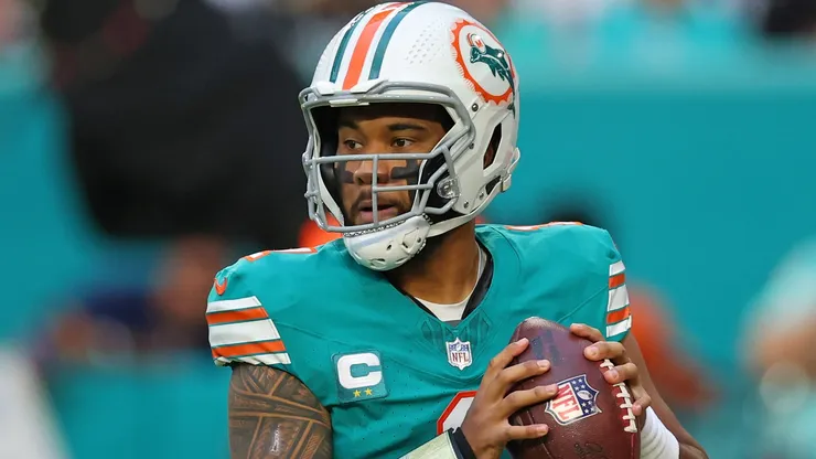Tua Tagovailoa #1 of the Miami Dolphins drops back to pass during a game against the Dallas Cowboys at Hard Rock Stadium on December 24, 2023 in Miami Gardens, Florida. The Dolphins defeated the Cowboys 22-20.