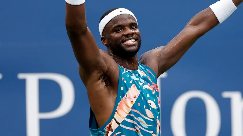 Frances Tiafoe of the United States celebrates match point to defeat Rinky Hijikata of Australia during their Men’s Singles Fourth Round match on Day Seven of the 2023 US Open. (Source: Sarah Stier/Getty Images)
