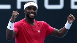 Frances Tiafoe of the United States celebrates winning the Men's Singles First Round match against Arthur Rinderknech of France during day two of the 2025 Australian Open.