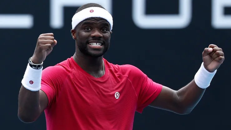 Frances Tiafoe of the United States celebrates winning the Men's Singles First Round match against Arthur Rinderknech of France during day two of the 2025 Australian Open.